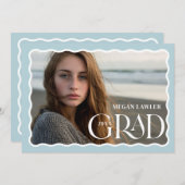おしゃれな卒業発表写真カード 波型 青 招待状 (正面/裏面)