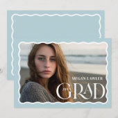 おしゃれな卒業発表写真カード 波模様の青 招待状 (正面/裏面)