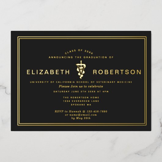 おしゃれな卒業証書 獣医卒業パーティー 箔招待状 (正面)