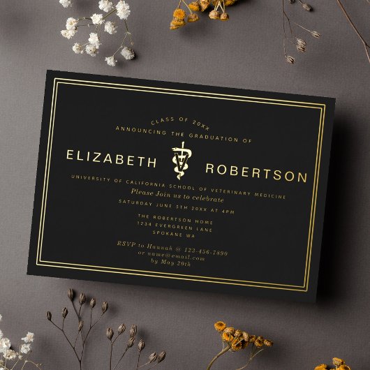 おしゃれな卒業証書 獣医卒業パーティー 箔招待状