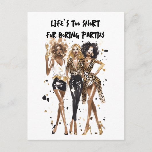 おしゃれな友達 黒いカーリーガール レオパードプリント 水彩画 ポストカード (正面)