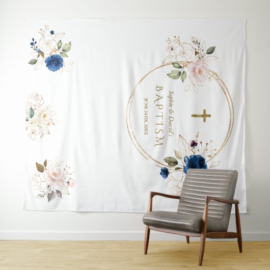 おしゃれな双子のピンクのぼかし花の洗礼写真小道具 タペストリー (インサイチュ(横))