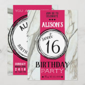 おしゃれな大理石ピンクフクシアのティーンエイジャースイート16カード 招待状 (正面/裏面)