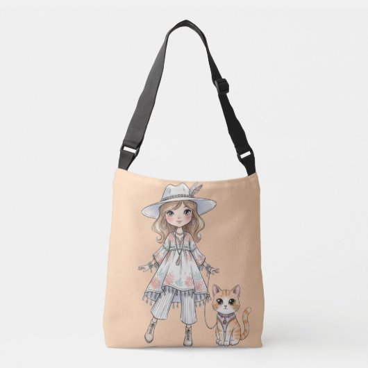 おしゃれな女の子が猫と散歩 クロスボディバッグ (正面)