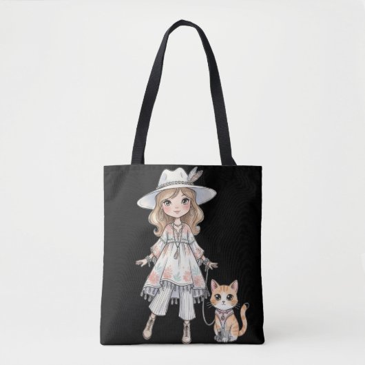 おしゃれな女の子が猫と散歩 トートバッグ (正面)