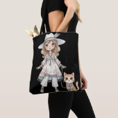 おしゃれな女の子が猫と散歩 トートバッグ (クローズアップ)