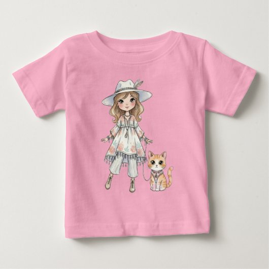 おしゃれな女の子が猫と散歩 ベビーTシャツ (正面)