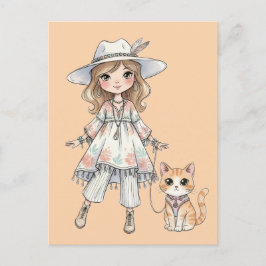 おしゃれな女の子が猫と散歩 ポストカード