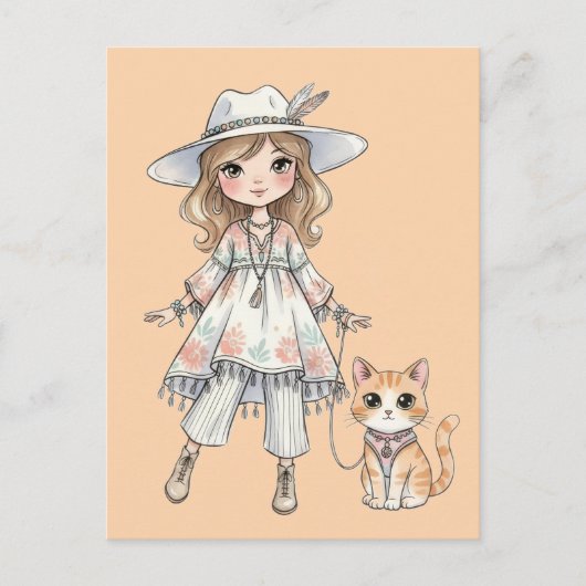 おしゃれな女の子が猫と散歩 ポストカード (正面)