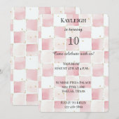 おしゃれな女の子のピンクの四角の誕生日 招待状 (正面/裏面)