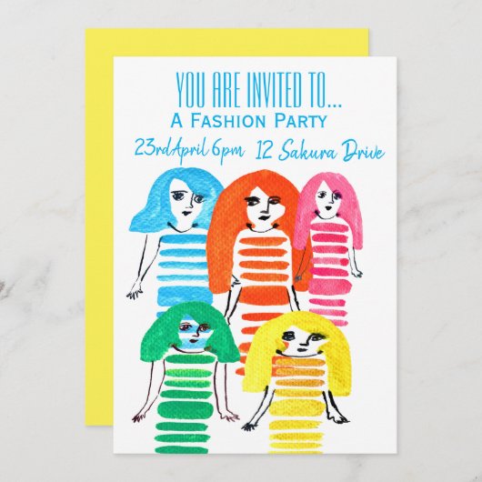 おしゃれな女の子のファッション誕生日パーティー 招待状 (正面/裏面)