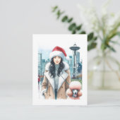 おしゃれな女性がポードルを散歩するシアトルのクリスマス シーズンカード (スタンド正面)