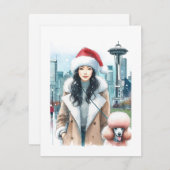 おしゃれな女性がポードルを散歩するシアトルのクリスマス シーズンカード (正面/裏面)