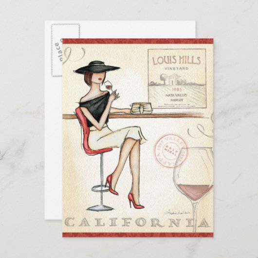 おしゃれな女性がワインを飲む ポストカード (正面/裏面)