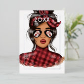 おしゃれな女性のレッド バッファロープレイド クリスマス 箔シーズンカード (立ち正面)