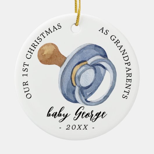 おしゃれな少年初めてのクリスマス祖父母の写真 セラミックオーナメント (正面)