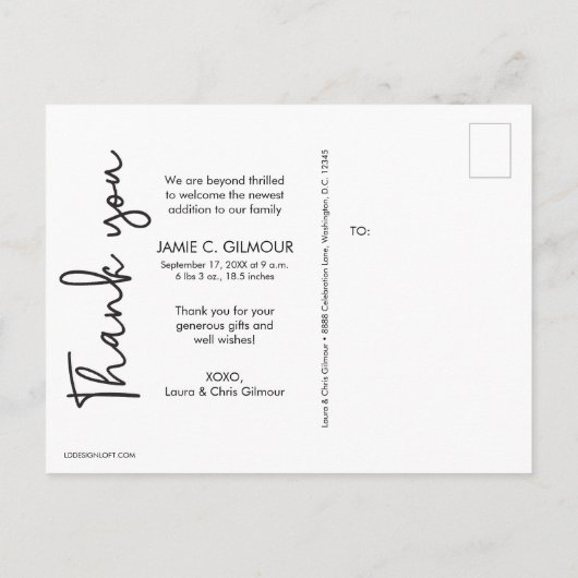 おしゃれな感謝のメッセージカード 赤ちゃんの写真 案内ポストカード (裏面)