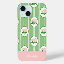 おしゃれな手描きのアジサイ ピンクグリーンフレーム iPhone 15ケース