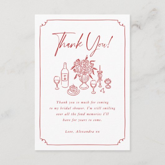 おしゃれな手描きのピザとワインのブライダルシャワーの感謝カード サンキューカード (正面)
