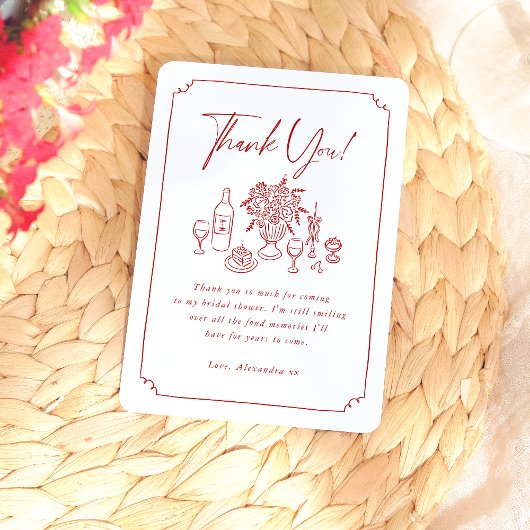 おしゃれな手描きのピザとワインのブライダルシャワーの感謝カード サンキューカード