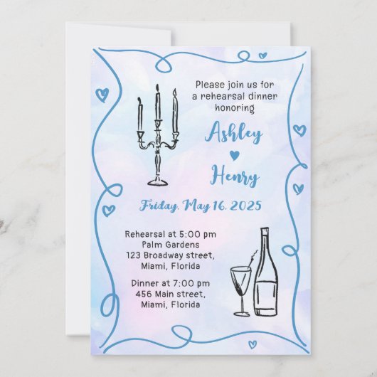 おしゃれな手描きのリハーサルディナー前夜 招待状 (裏面)
