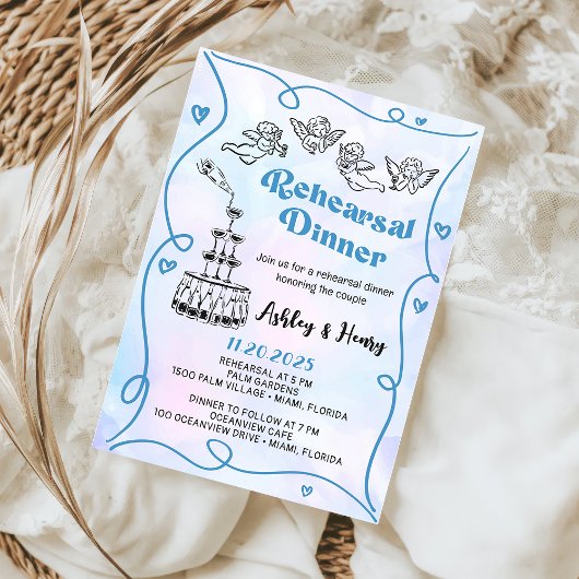 おしゃれな手描きの結婚式リハーサルディナー 招待状