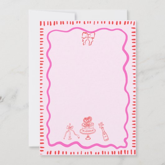 おしゃれな手描きの赤いリボンと波線のウェディング 招待状 (裏面)