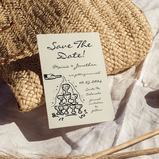 おしゃれな手描きシャンパンタワー・セーブ・ザ・デート 招待状