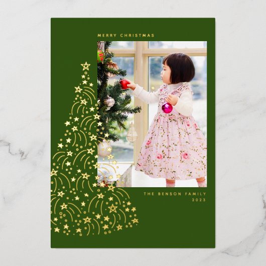 おしゃれな手描きツリー グリーン 縦型 本物のホイル ホリデーカード  箔シーズンカード (正面)