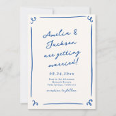 おしゃれな手描きネイビーブルーの結婚式 招待状 (正面)