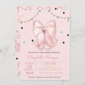 おしゃれな手描きピンクの蝶結びと星のベイビーシャワー 招待状 (正面/裏面)
