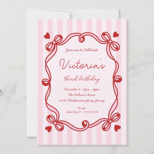 おしゃれな手描きリボン誕生日 招待状 (正面)