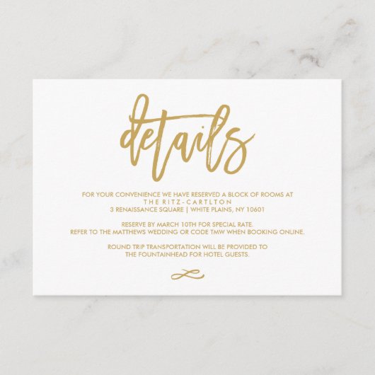 おしゃれな手書きゴールドの結婚式詳細案内カード エンクロージャーカード (正面)