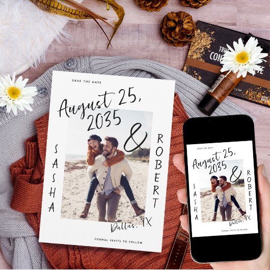 おしゃれな手書きスクリプトのアンパサンド写真ウェディング セーブザデート