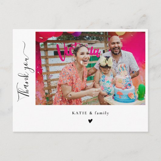 おしゃれな手書きフォト誕生日パーティー感謝メッセージ ポストカード (正面)