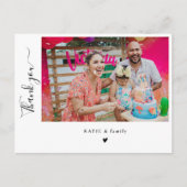 おしゃれな手書きフォントの写真付き誕生日パーティーお礼カード ポストカード (正面)