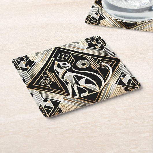おしゃれな抽象的な黒猫の紙コースター スクエアペーパーコースター (アングル)
