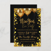 おしゃれな新年のパーティー ゴールドグリッター ブラック 招待状 (正面/裏面)
