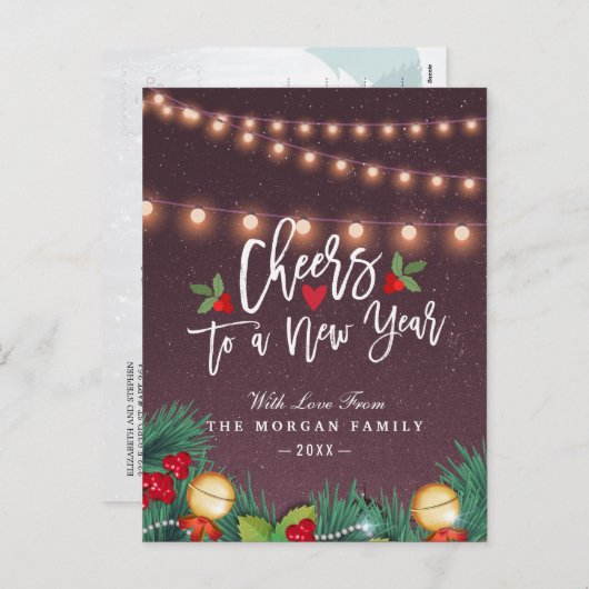 おしゃれな新年の挨拶スクリプト文字列ライトの写真 シーズンポストカード (正面/裏面)