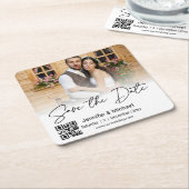 おしゃれな日付保存QRコード カップル写真 おしゃれ スクエアペーパーコースター (アングル)