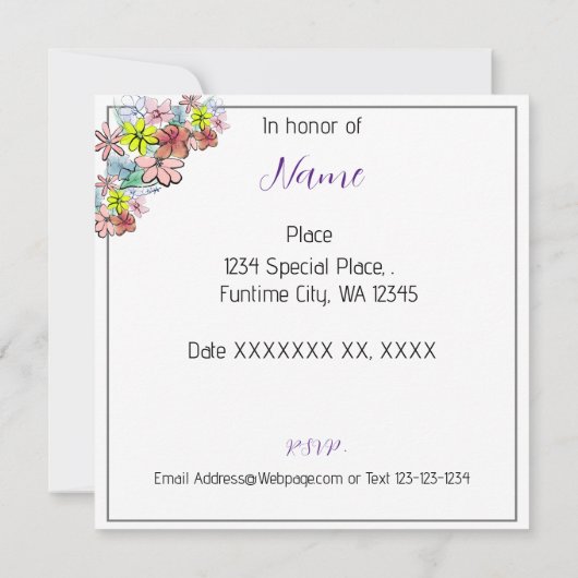おしゃれな明るいかわいい花のグラフィックをパーソナライズ 招待状 (裏面)