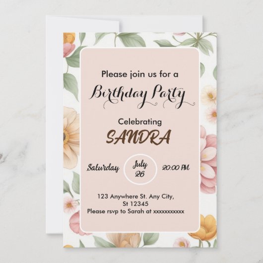 おしゃれな明るいピンクのガーデンフラワー誕生日 招待状 (正面)