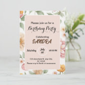 おしゃれな明るいピンクのガーデンフラワー誕生日 招待状 (スタンド正面)