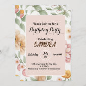 おしゃれな明るいピンクのガーデンフラワー誕生日 招待状 (正面/裏面)