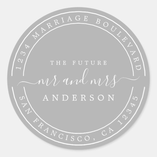 おしゃれな未来の新郎新婦 結婚式返信先住所 グレー ラウンドシール (正面)