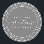 おしゃれな未来の新郎新婦 返信先 ダークグレー ラウンドシール<br><div class="desc">おしゃれでモダン、そしてシンプルな結婚式の返信先のクラシックな丸型ステッカーで、テキストはオフブラックのエレガントなスクリプトで「未来の新郎新婦」とダークグレーの背景に記載されています。 お名前と住所を記入するだけです。 Happy Dolphin Studio によって独占的にデザインされています。 ご不明な点や商品のマッチングが必要な場合は、happydolphinstudio@outlook.comまでお問い合わせください。 あなたの結婚式を最も美しい日にするお手伝いをさせていただきます!</div>