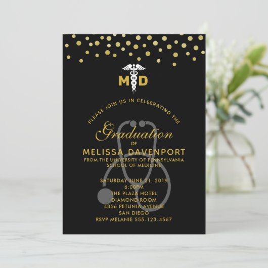 おしゃれな杖と聴診器の医師卒業生 招待状 (スタンド正面)