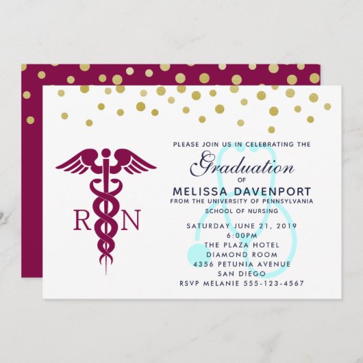 おしゃれな杖と聴診器の看護師卒業生 招待状 (正面/裏面)