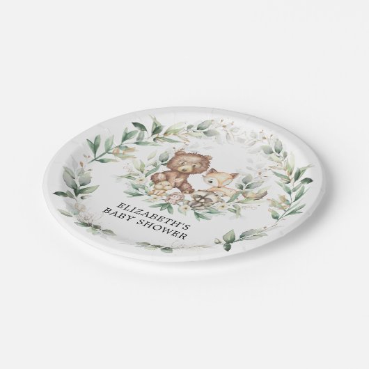 おしゃれな森の動物が緑の森の赤ちゃんシャワー ペーパープレート (アングル)