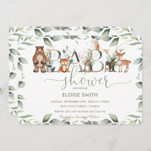 おしゃれな森林動物、緑の赤ちゃんが中立 招待状 (正面/裏面)